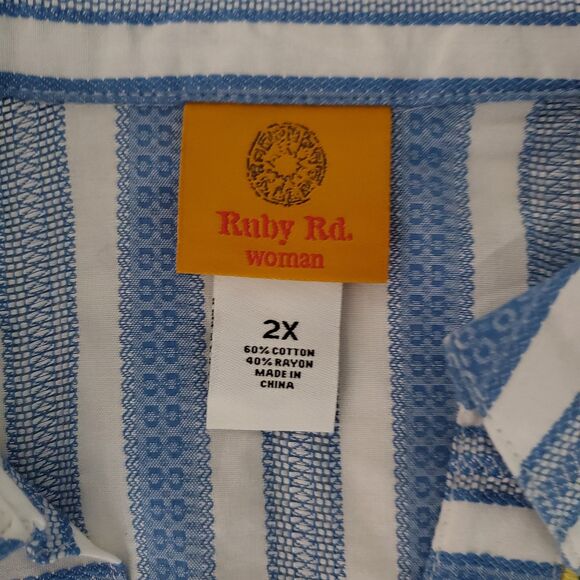 Ruby Rd 2X Plus Boho Striped Embroidered V-Neck Tunic Top Coastal Grandmother - Picture 8 of 9